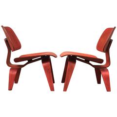 Two Red Evans Early Eames LCW Lounge Chairs