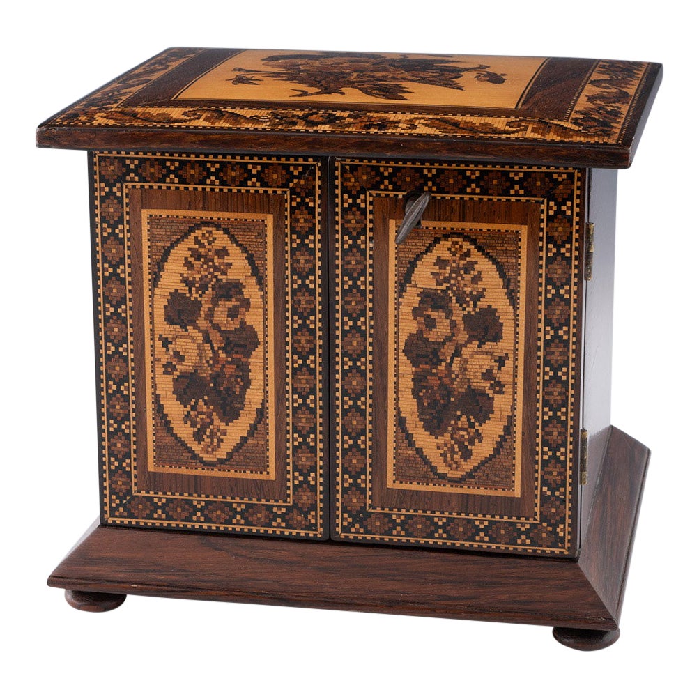 Tunbridge Ware Jewellery Cabinet with Floral Mosaic c1870 For Sale