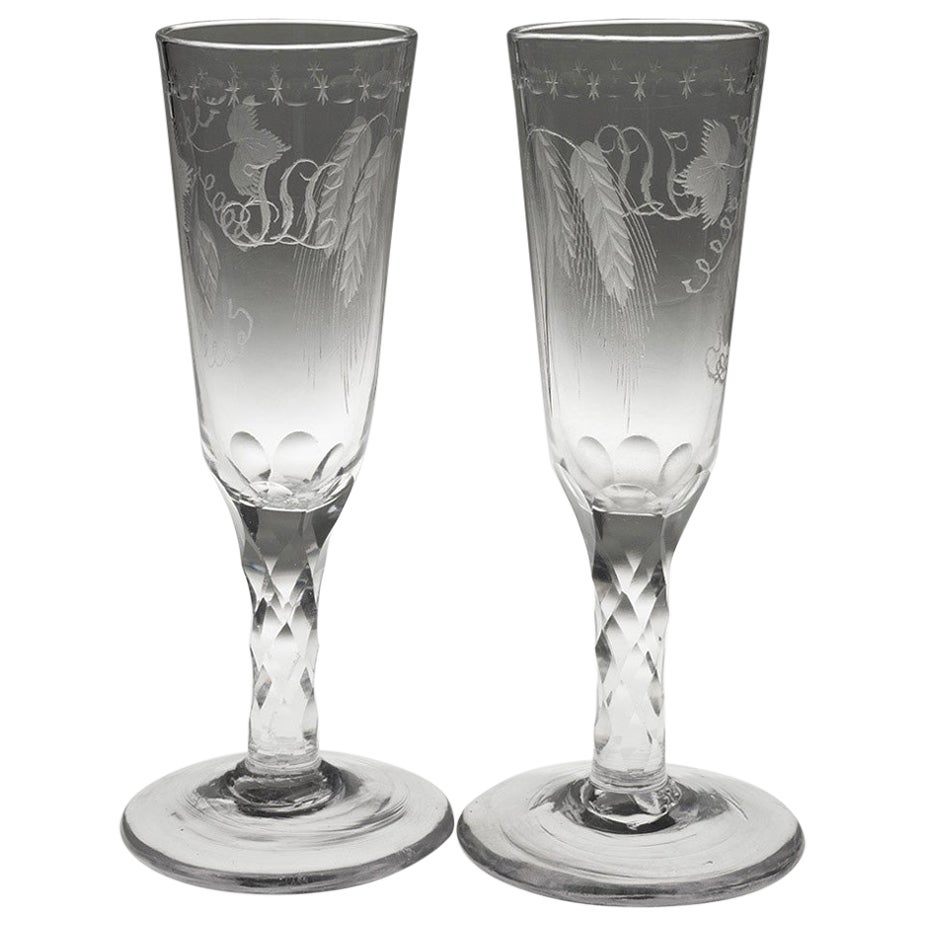 Pair of Georgian Ale Glasses with Facet Cut Stems c1780