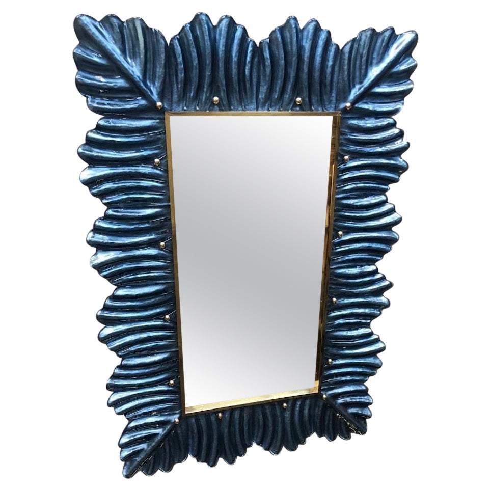 Console/miroir mural mi-siècle en verre de Murano de couleur bleue et laiton, 2020