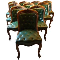 Antique Dining Chairs Ten Oak Leather Victorian 19th Century Button-Back