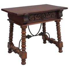 1920s Small Carved Spanish Revival Side Table with Iron Stretcher