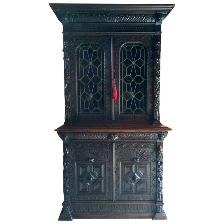Antique Dresser Oak Victorian Gothic Green Man Carved Bookcase