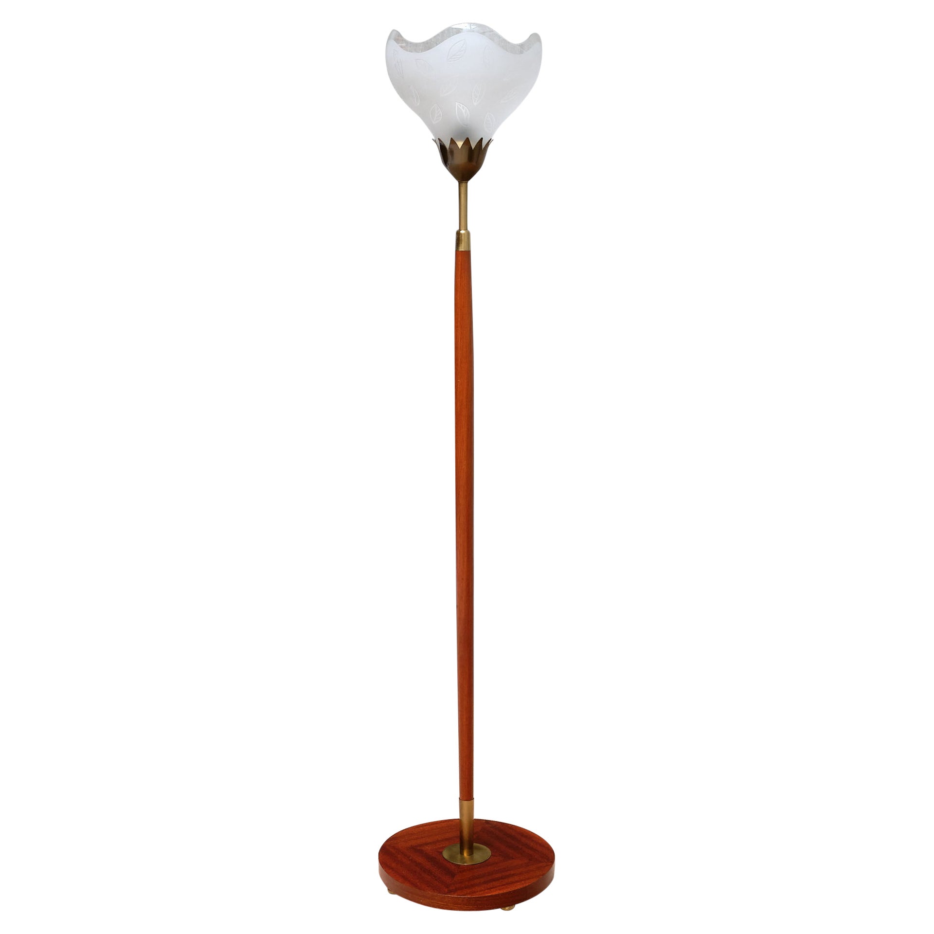 Carl Fagerlund Floor Lamp in Mahogany, Brass and Glass, Orrefors, Sweden, 1950s