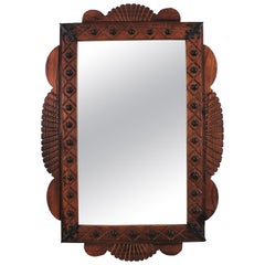 Spanish Colonial Rectangular Mirror in Carved Wood with Iron Studs