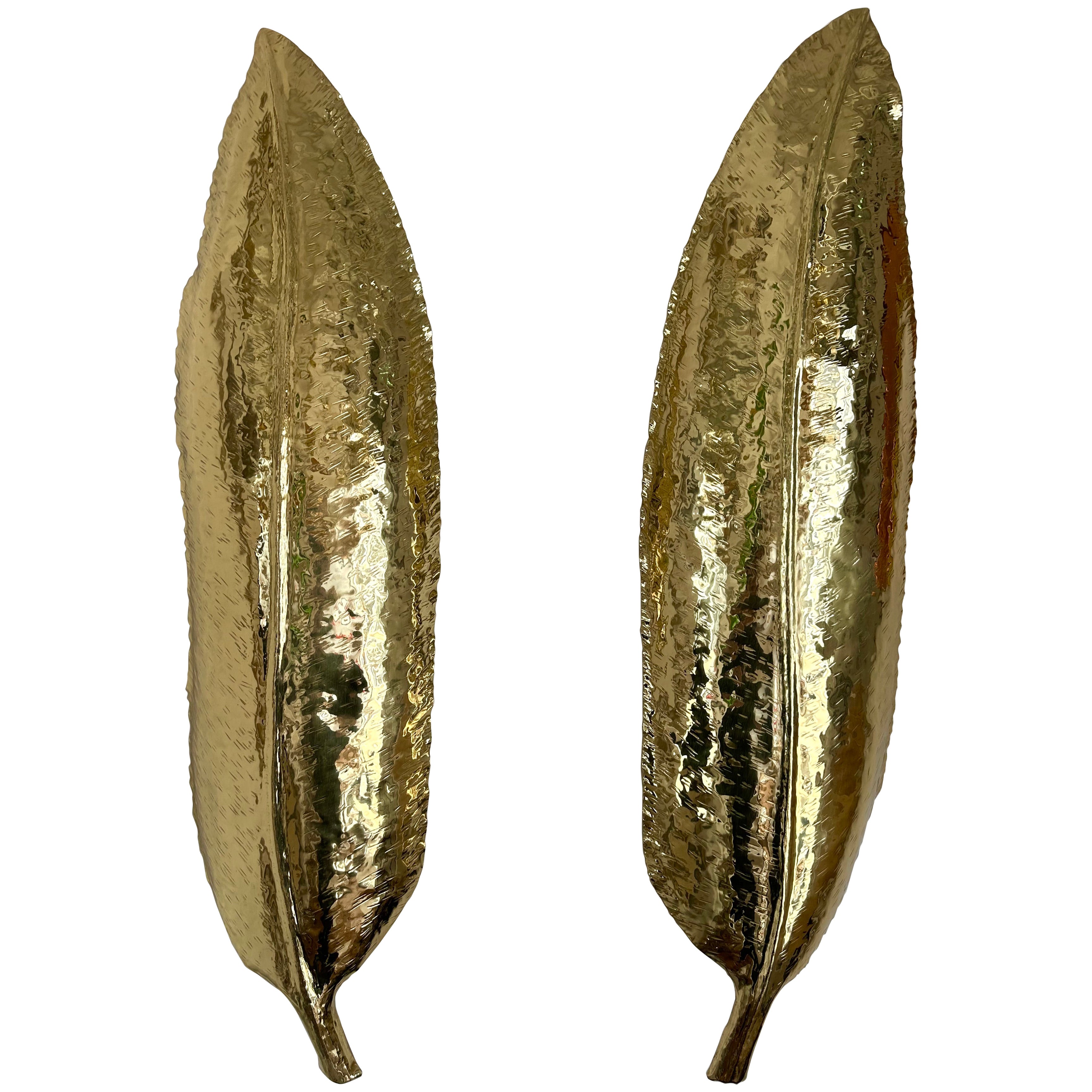 Large Contemporary Pair of Brass Palm Sconces, Italy For Sale