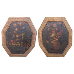 Paire de natures mortes de Majorque des années 1650 peinte à l'huile sur toile avec cadre d'origine
