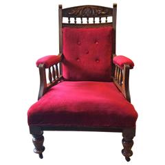Antique Victorian Armchair Button Back Mahogany 19th Century Red Velvet