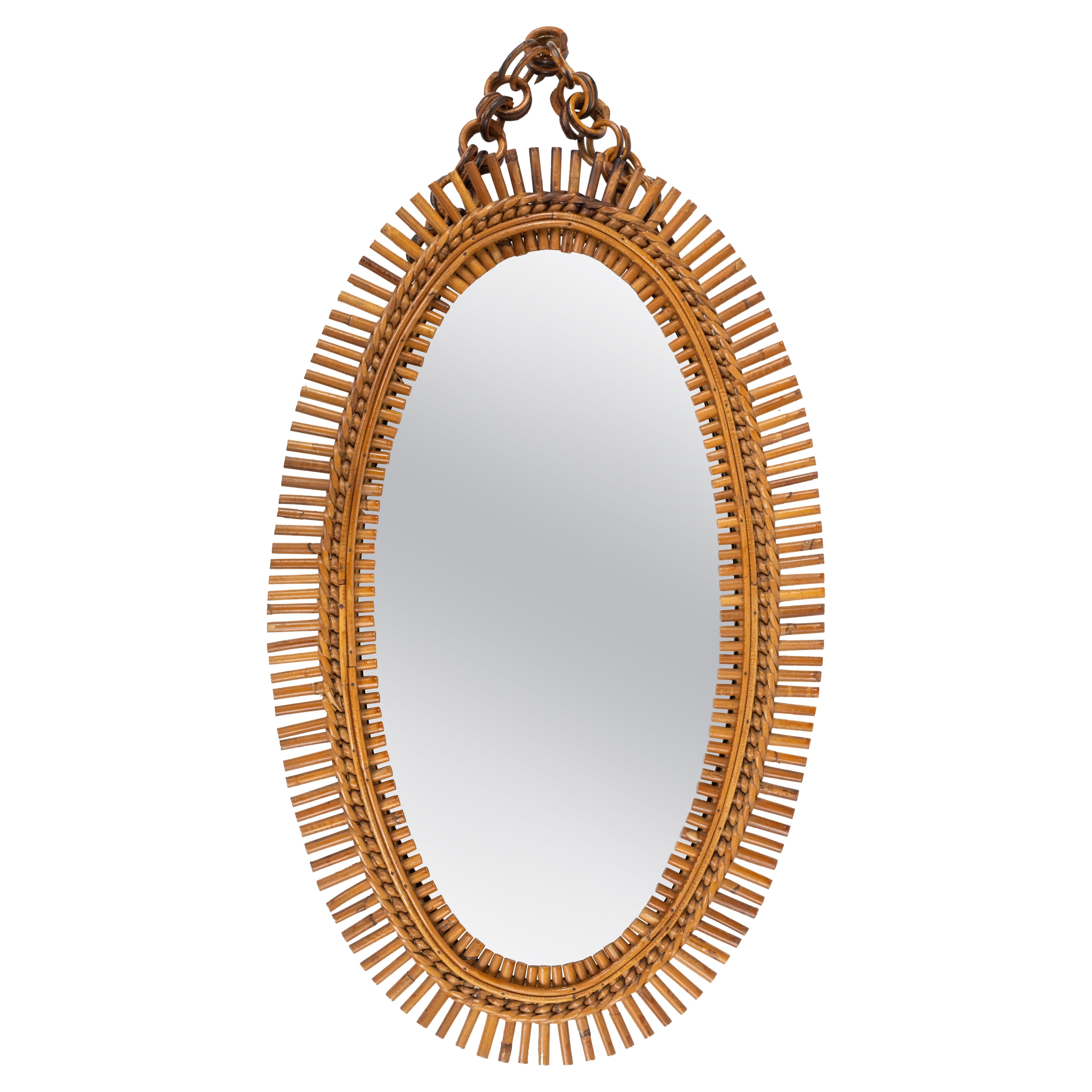 Midcentury Rattan and Bamboo Oval Wall Mirror Franco Albini Style, Italy 1960s