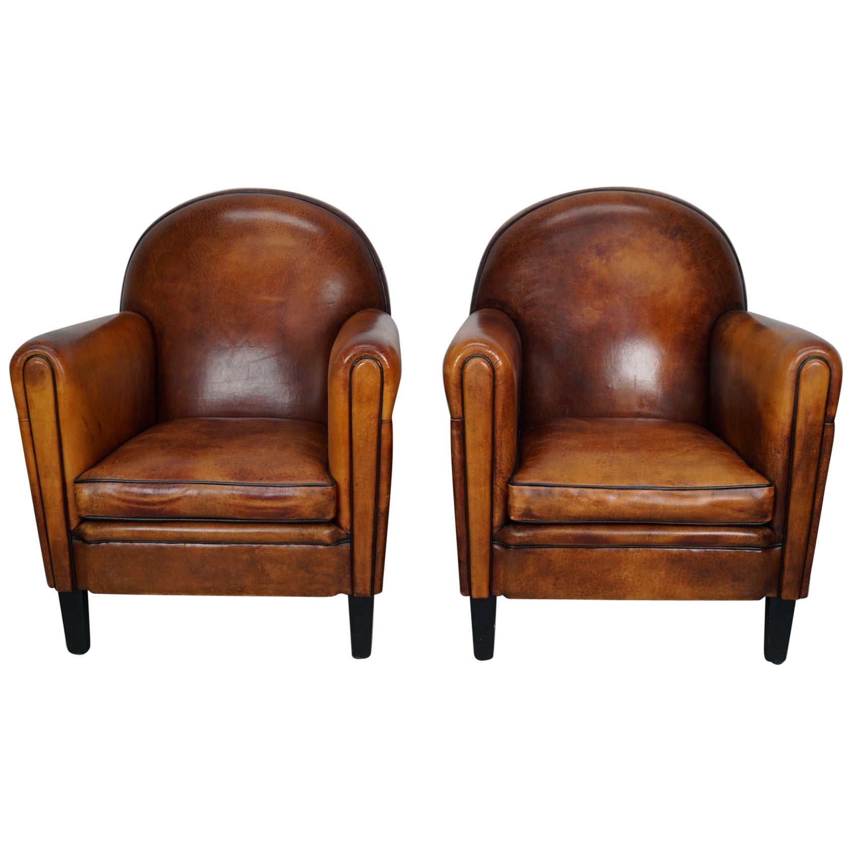 Vintage Dutch Cognac Colored Leather Club Chair, Set of 2