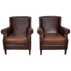 Silla Club Vintage Holandesa de Cuero Coñac / Marrón, Juego de 2