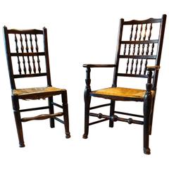 Antique Chairs Farmhouse Rush Seat 19th Century Solid Oak Pair of His and Hers