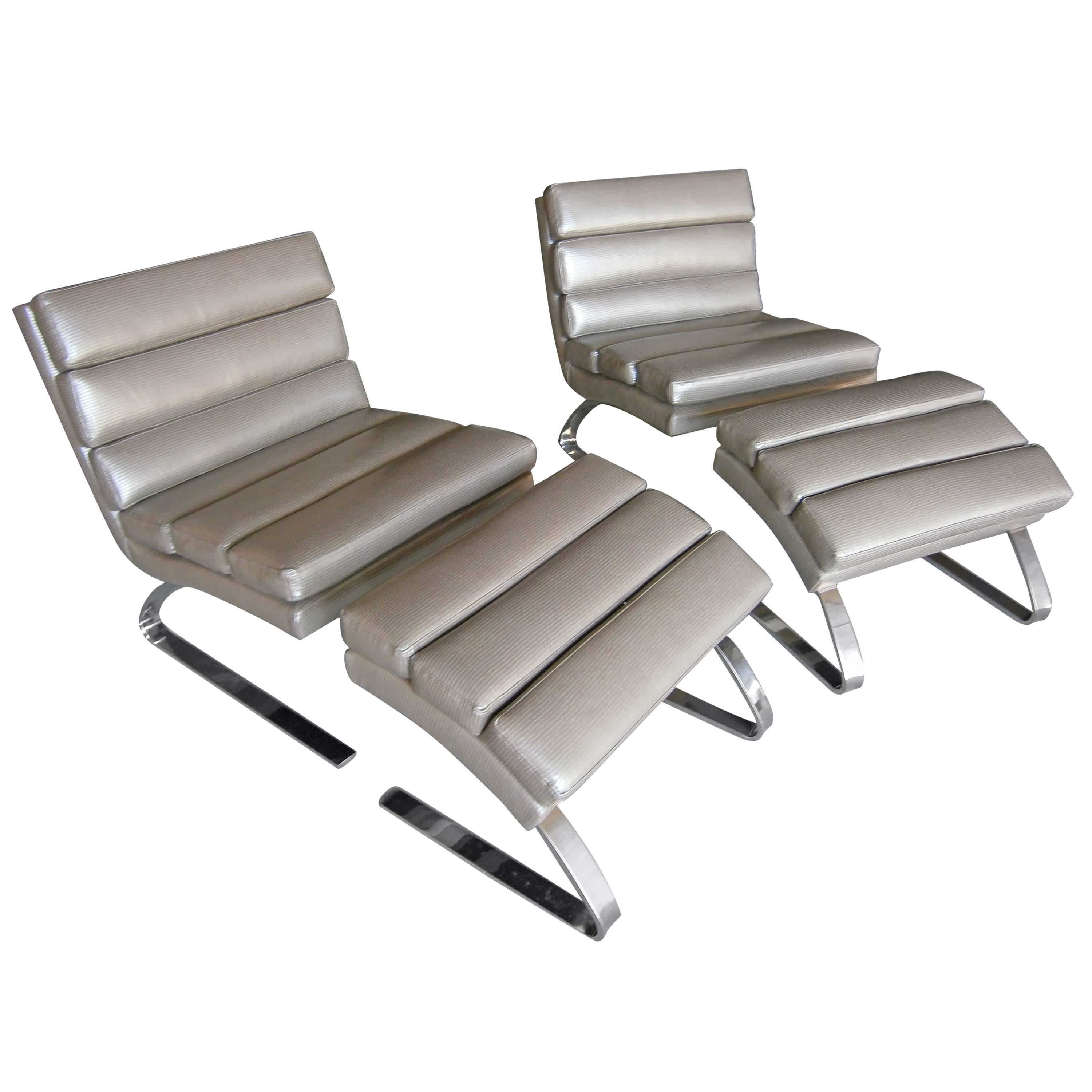 A Vintage Cantilevered Lounge Chair and Ottoman  C. 1990s