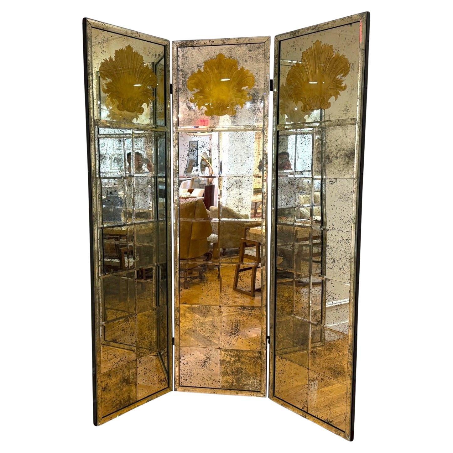 Style Art Déco, verre ancien, miroir vieilli, séparateur de pièce, États-Unis, 20e siècle en vente