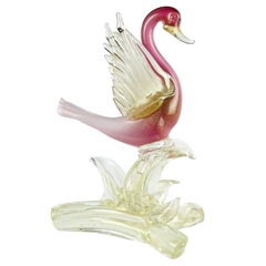 Salviati Murano Pink Ombre Gold Flecks Italian Art Glass Bird Duck Sculpture