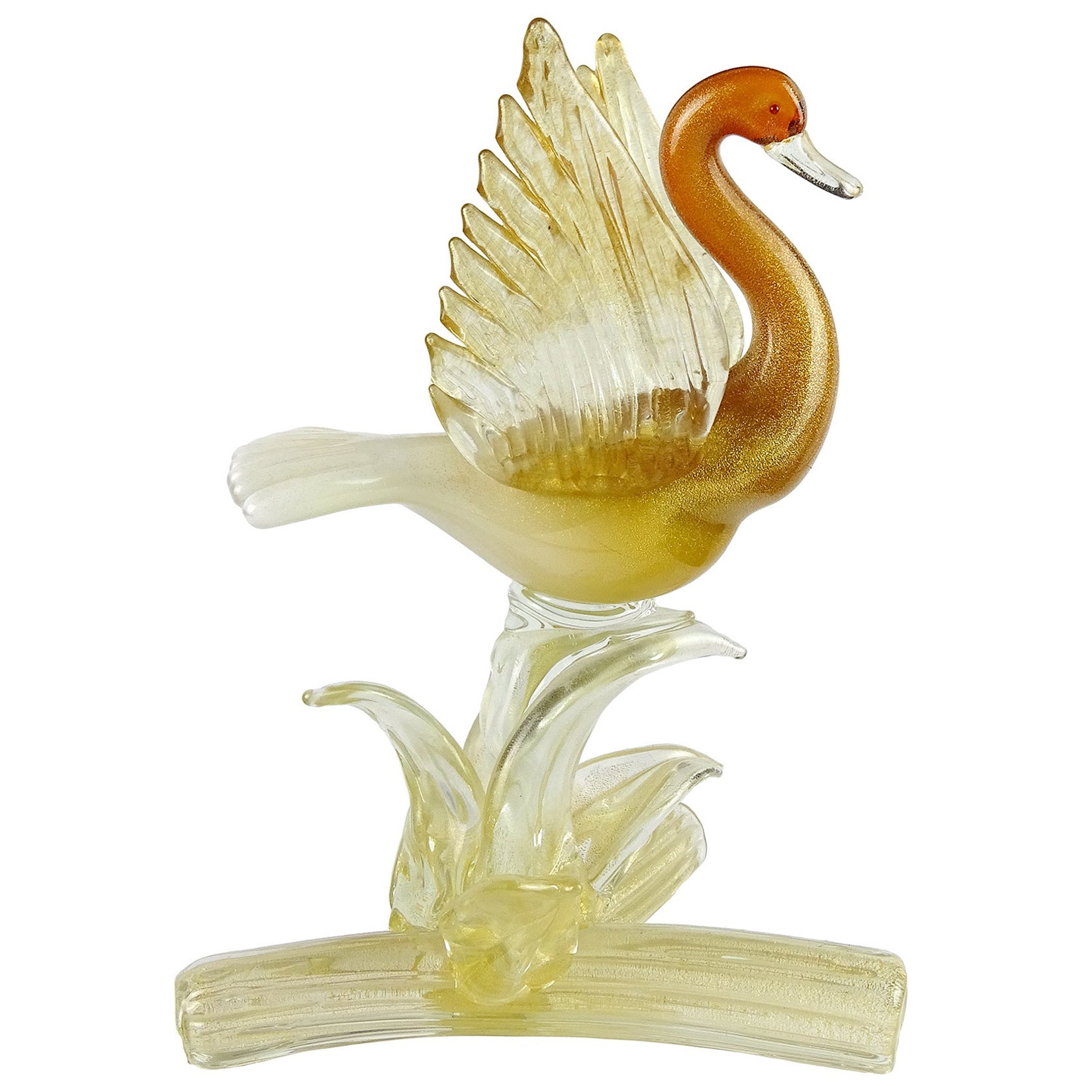 Salviati Murano Orange White Gold Flecks Italian Art Glass Bird Duck Sculpture