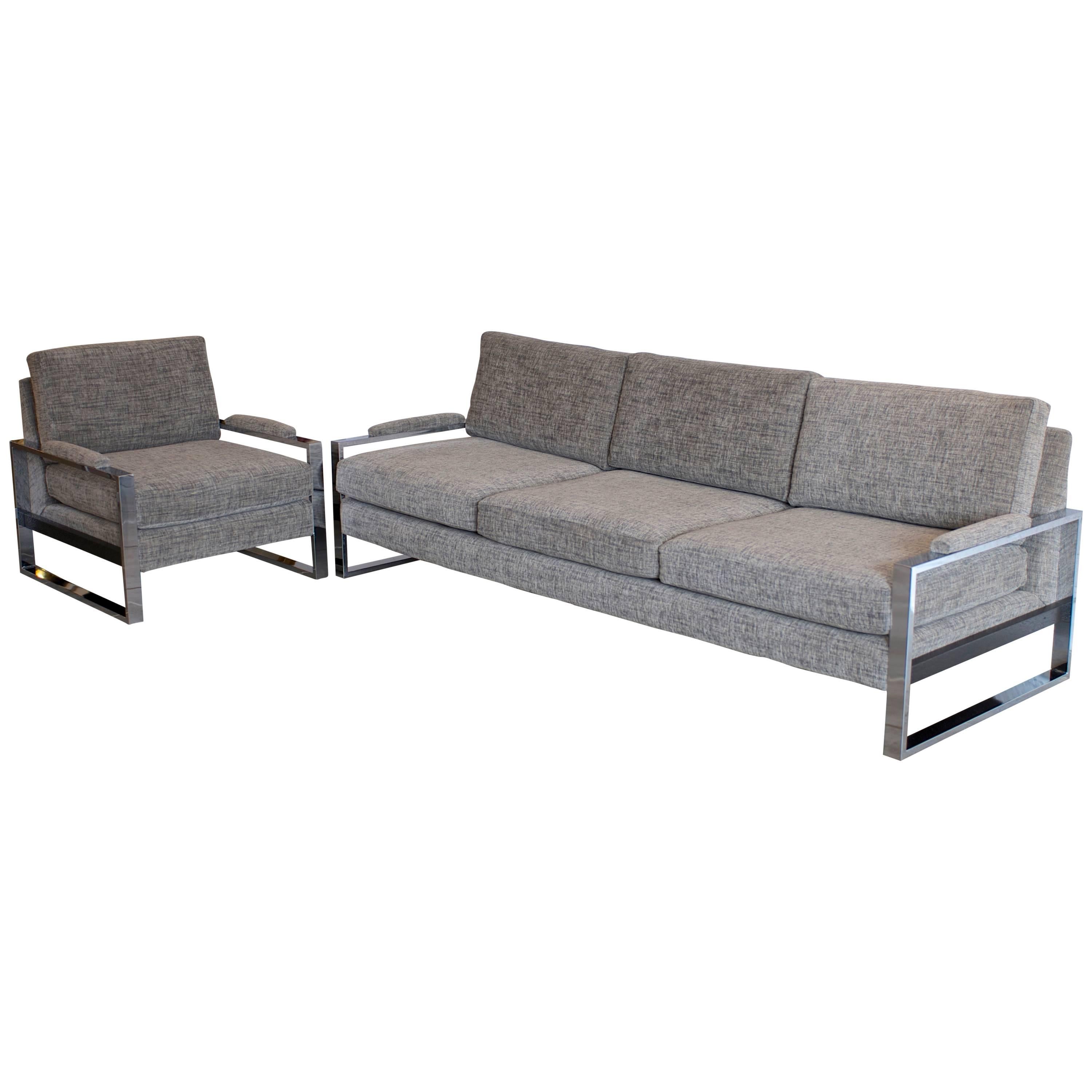 Milo Baughman Chrome Flat Bar Sofa and Lounge Chair