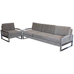 Milo Baughman Chrome Flat Bar Sofa and Lounge Chair