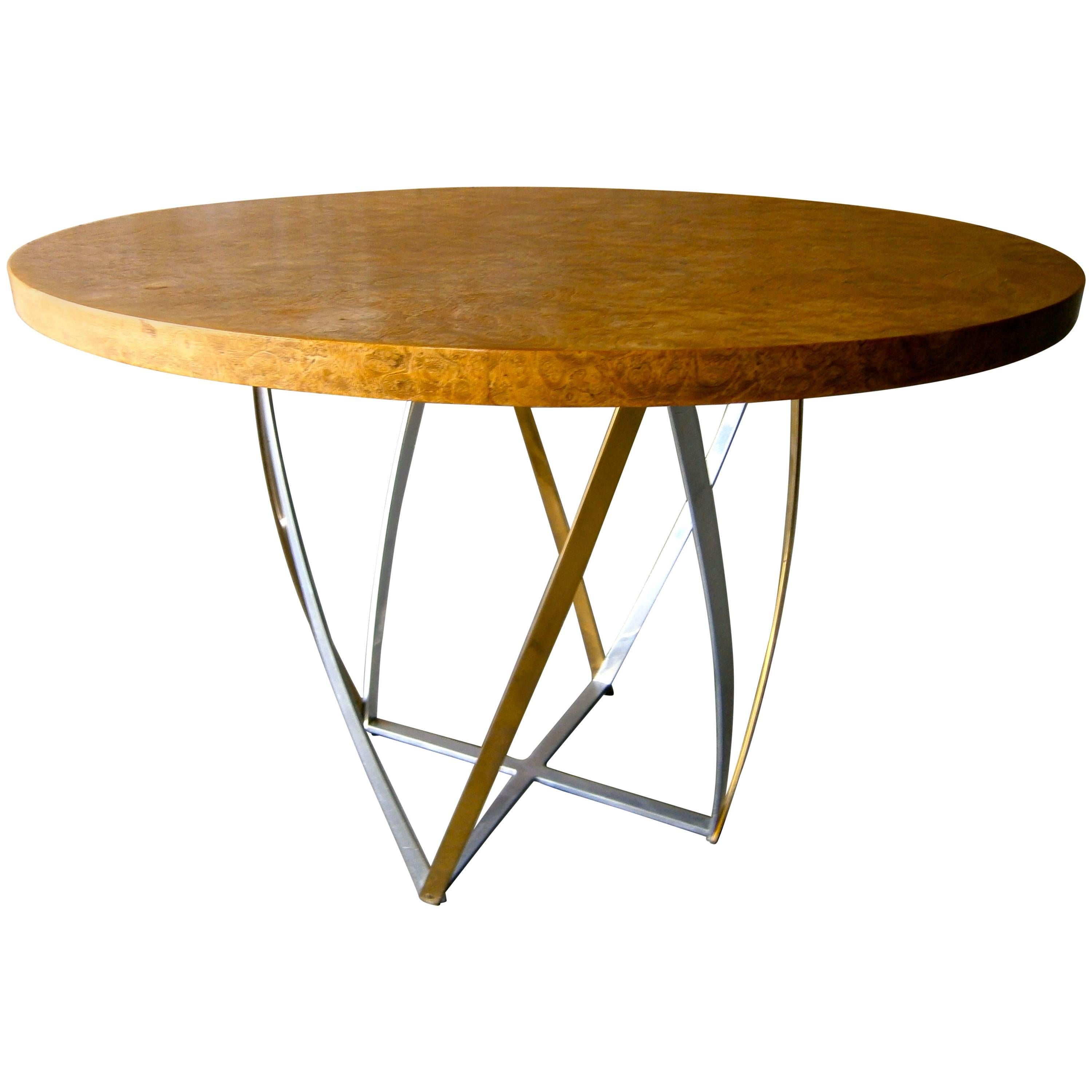 Aluminum and Brass Based Burled wood Circular Table by John Vesey  C. 1960s For Sale