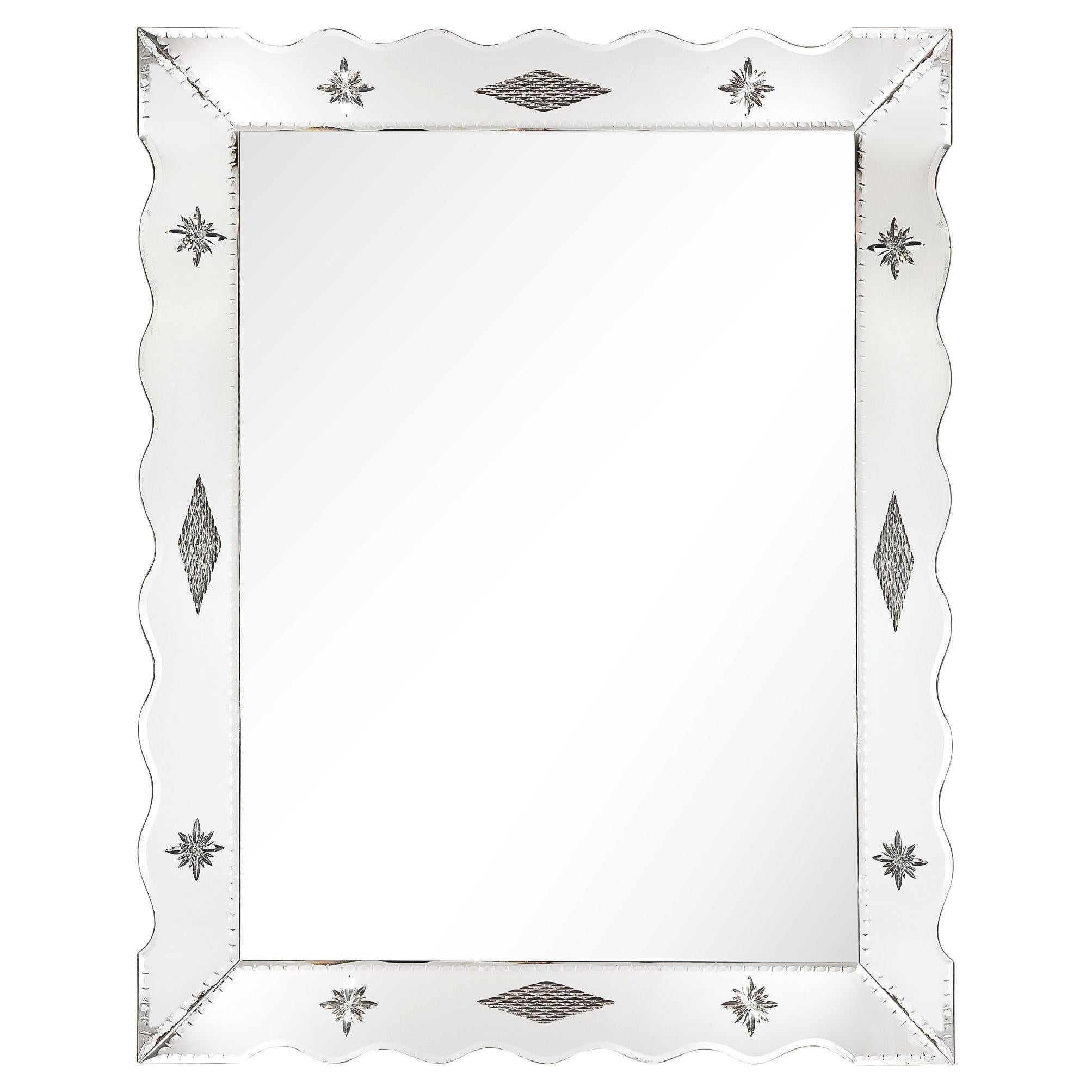 Hollywood Venetian Glass Scalloped Shadowbox Beveled Mirror W/ Reversed Etching
