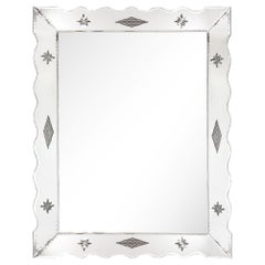 Hollywood Venetian Glass Scalloped Shadowbox Beveled Mirror W/ Reversed Etching