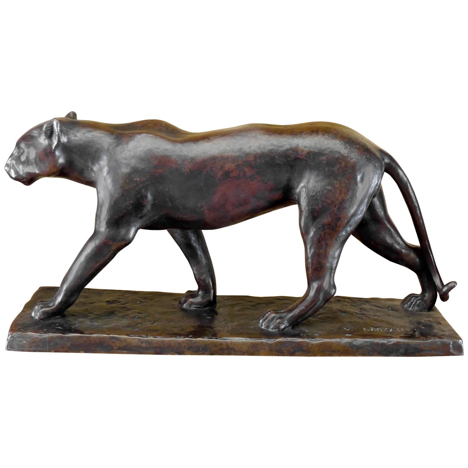 Art Deco Bronze Panther Statue by M. Lebeau For Sale at 1stdibs