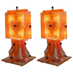 1970s One-of-a-Kind Italian Pair of Monumental Orange Murano Glass Lamps