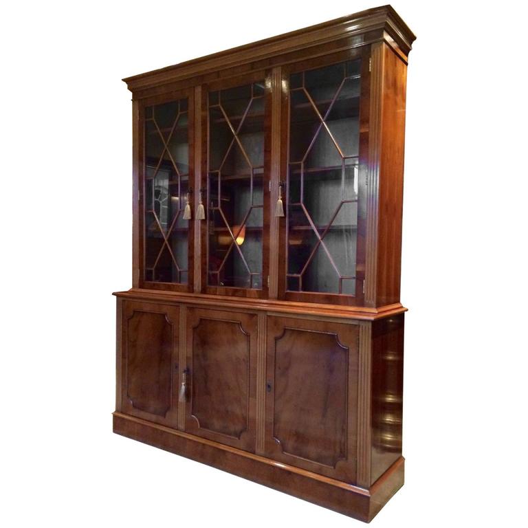 Antique Style Breakfront Bookcase Golden Yew Display Three Door