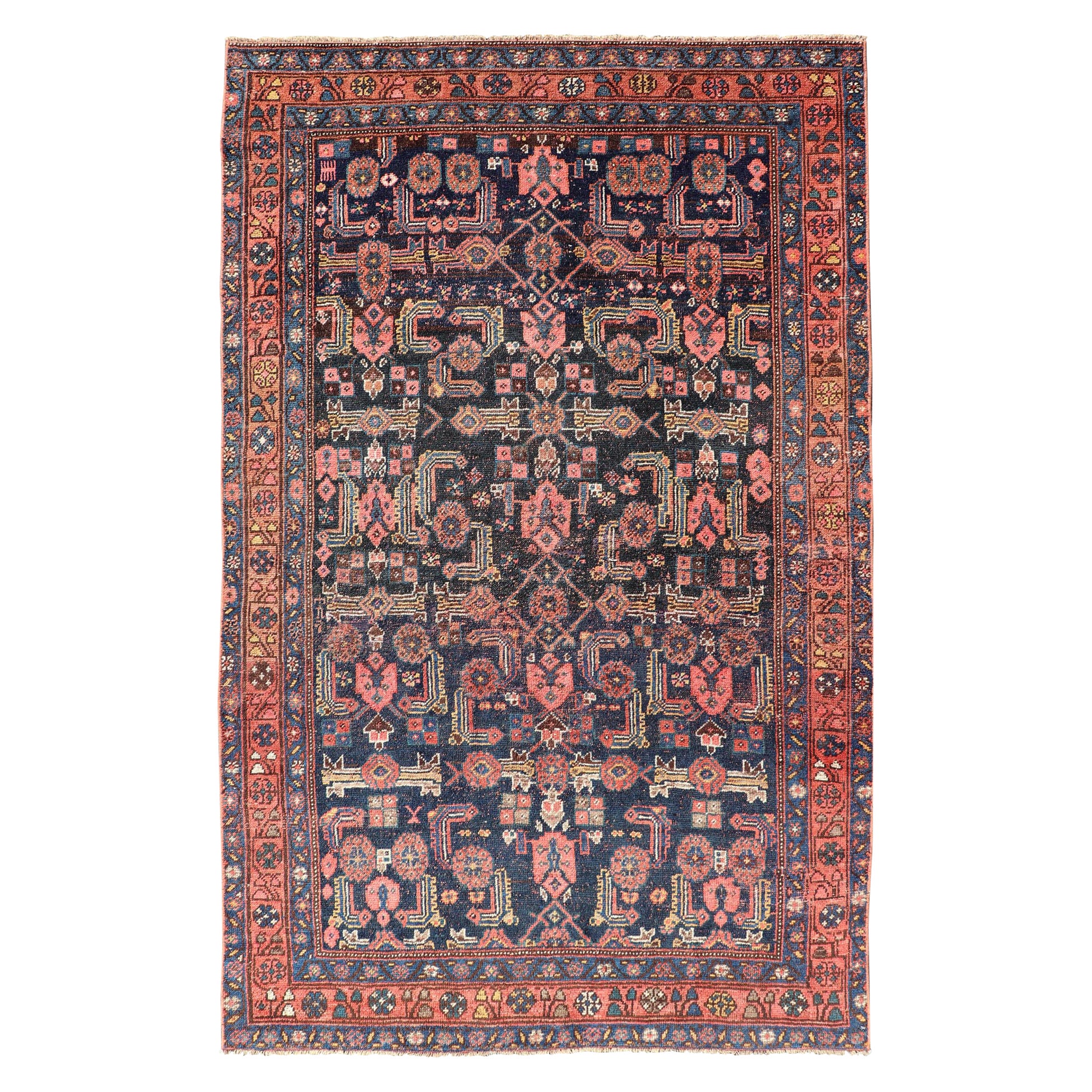 Antiker persischer Bidjar-Teppich mit komplizierten Stammesmotiven und sattem Blau 4'4 x 7'2