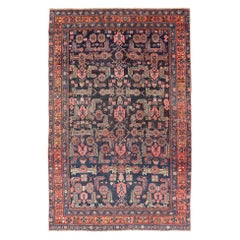Antigua alfombra persa bidjar con intrincados motivos tribales y azul intenso 4'4 x 7'2
