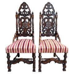 PAIR Antique French Dining Chairs Renaissance Revival Open Carved Oak SET of 2
