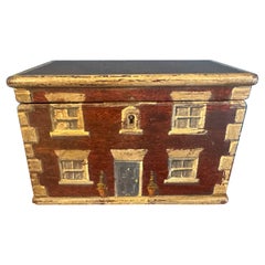 Caja de roble pintada con trampantojo de casa de campo del siglo XIX