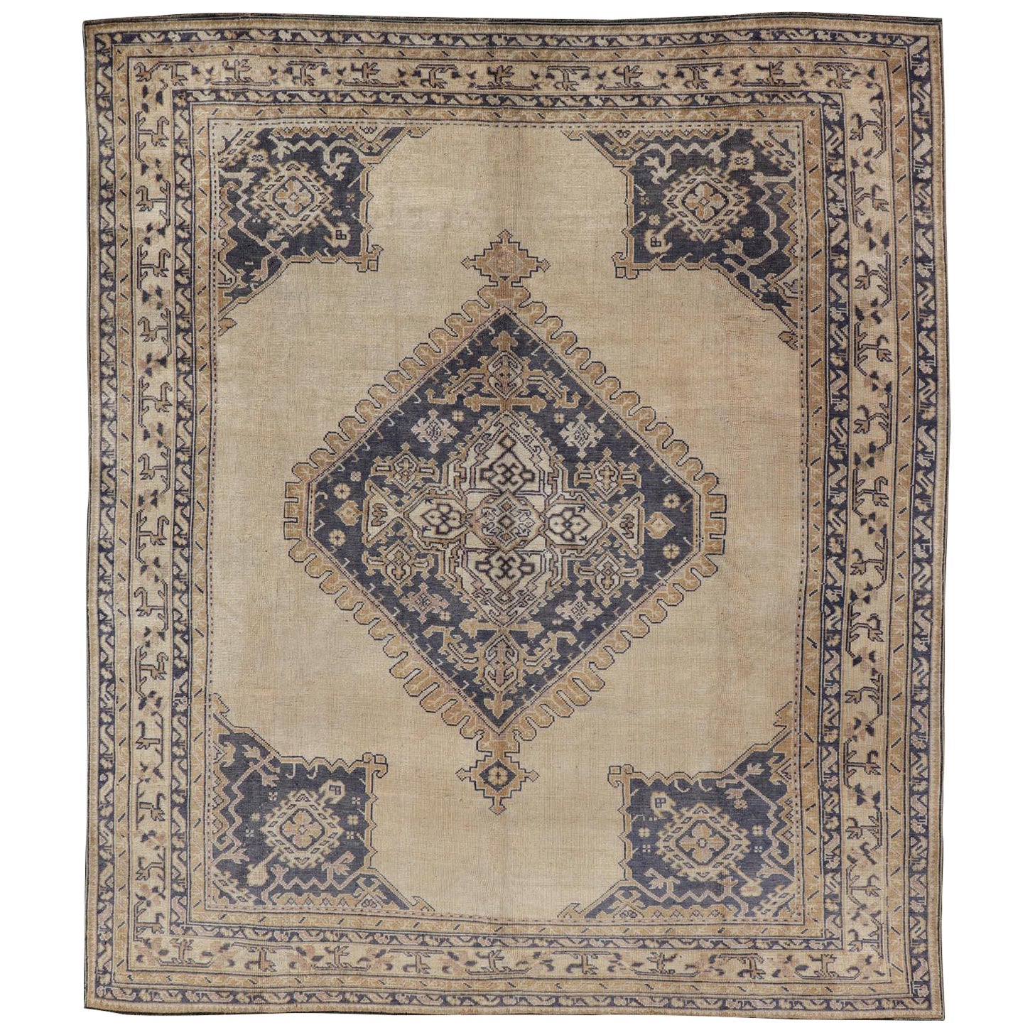 Antique Turkish Oushak Rug with Ivory and Deep Blue Medallion Design 10'0 x 12'0