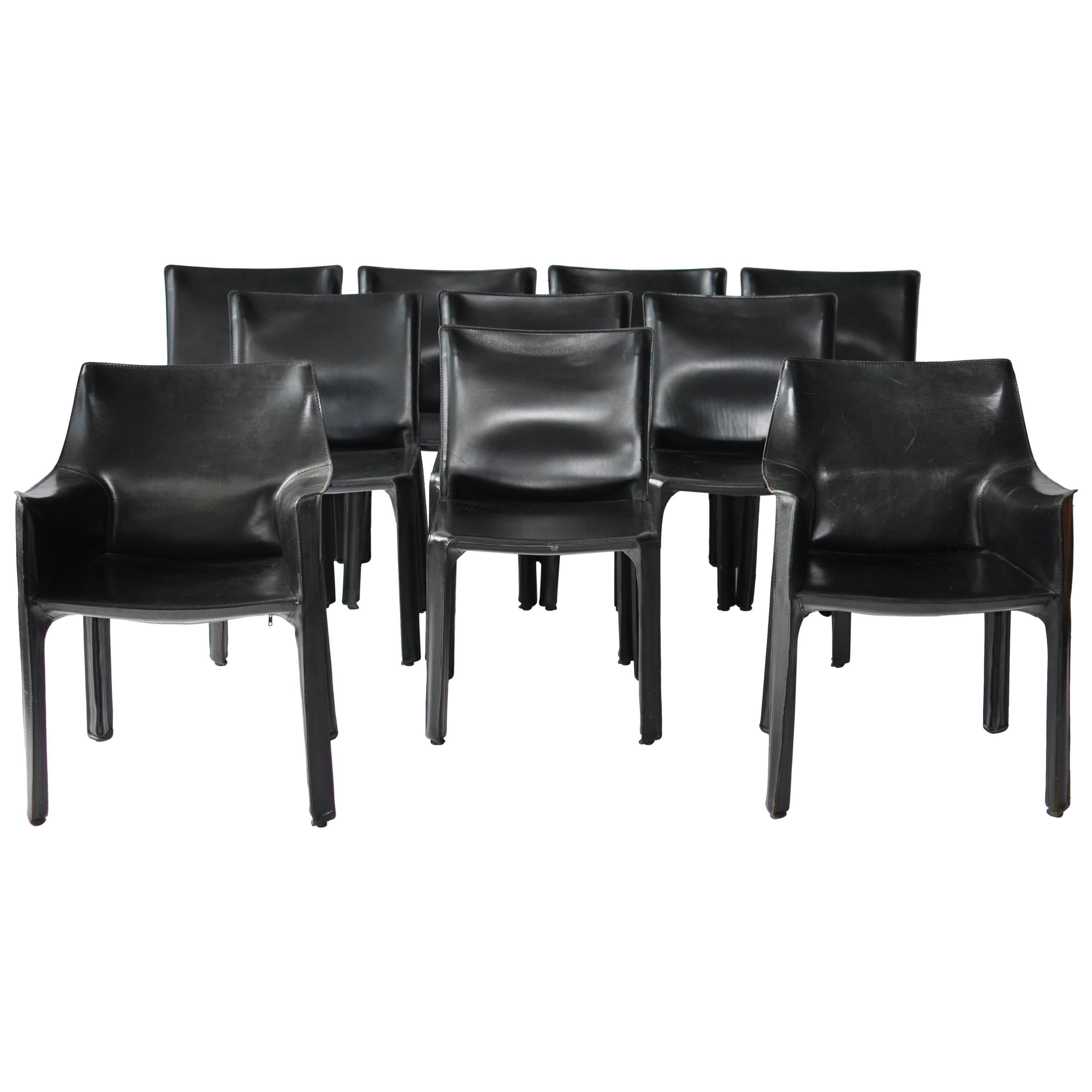 Set of Ten Black Leather "Cab" Chairs by Mario Bellini for Cassina