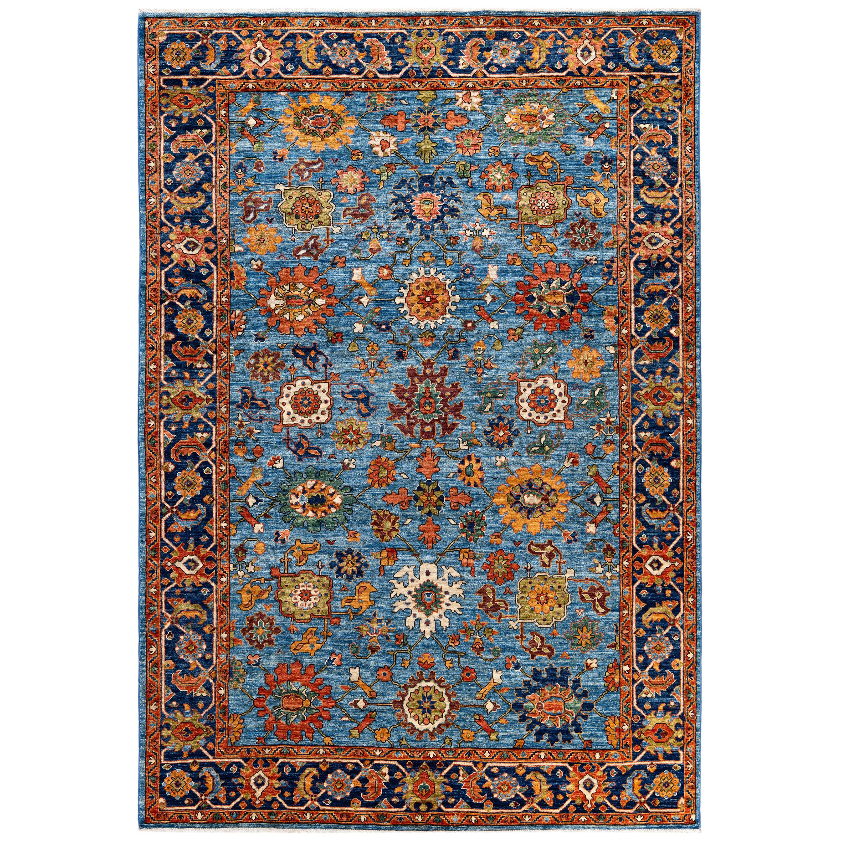 Alfombra tradicional tribal Serapi de lana anudada a mano en azul claro 6' 2" x 9' 0