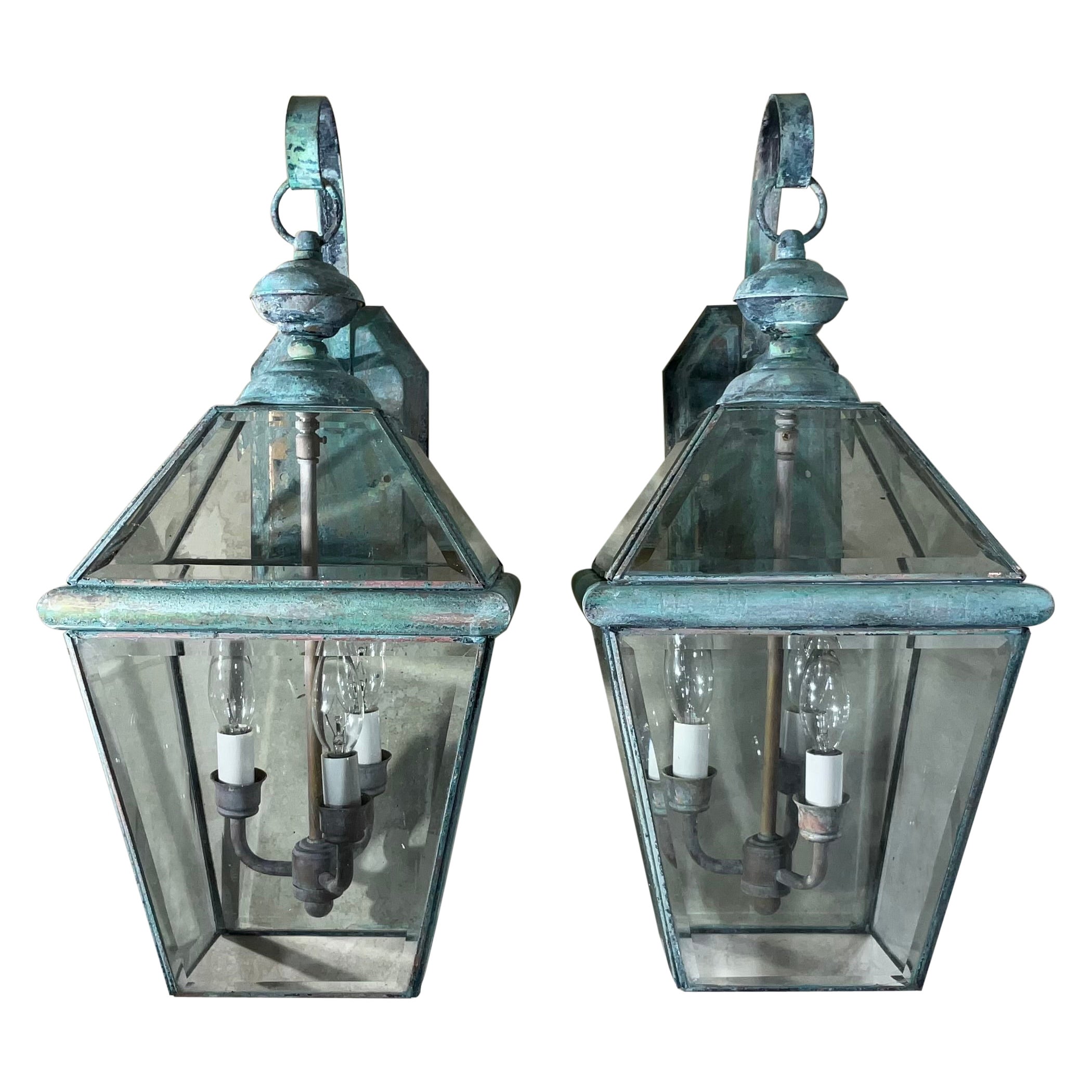 Pair of vintage Solid Brass Lanterns - 10”w x 11” x 20”.5 high