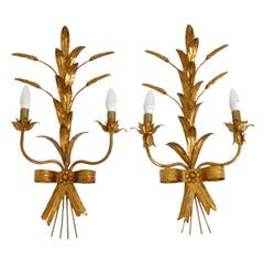2 Sheaf Of Wheat Sconces Hollywood Regency Gilt Metal Hans Kögl, Italy 1960s
