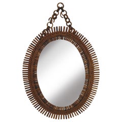 Specchio da parete ovale italiano in bambù e rattan Midcentury 1960s