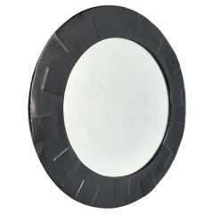 Miroir mural moderniste vintage original de 43 cm avec cuir et motif, ITALIE 1970