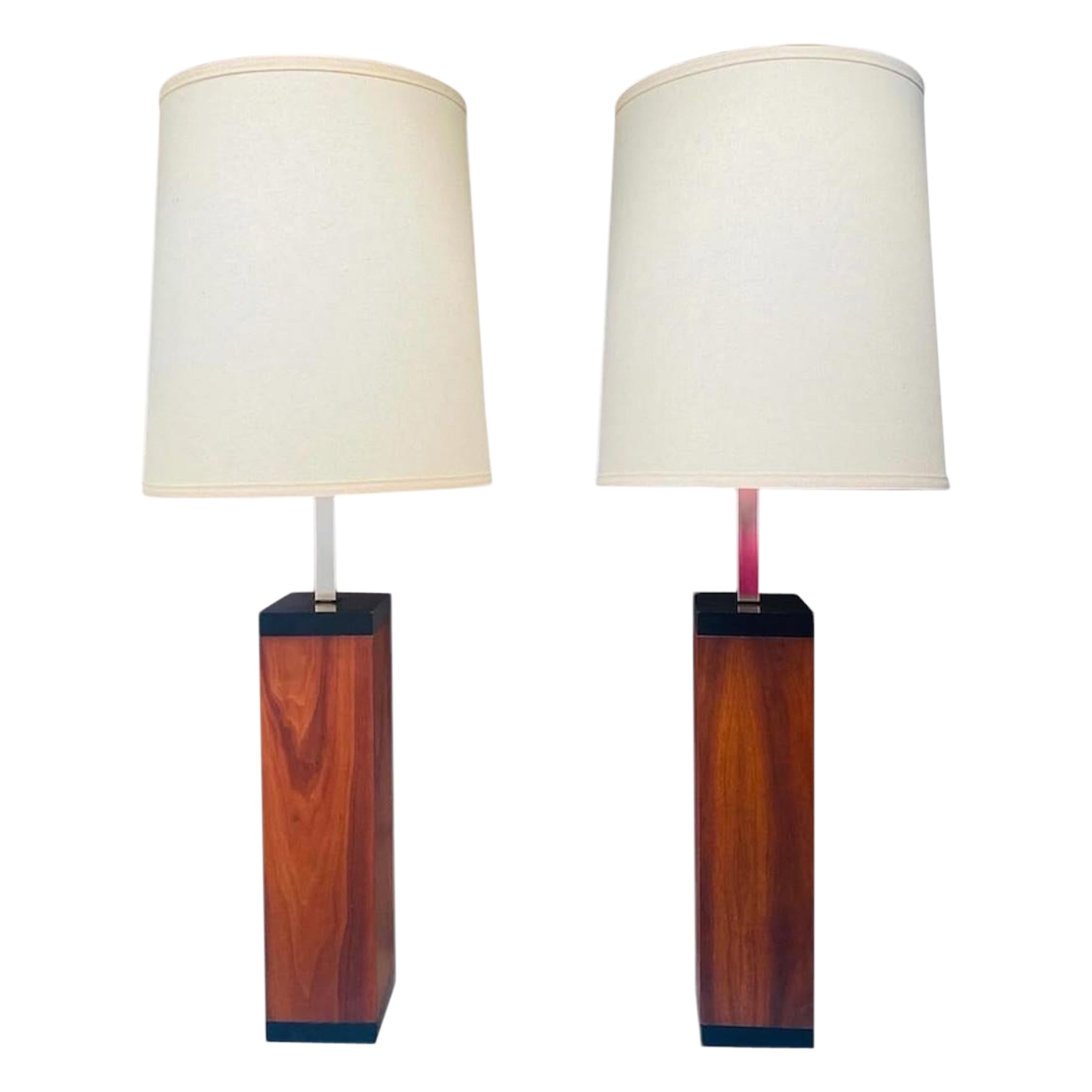 Pair of 1960s Walnut Column Cube Lamps