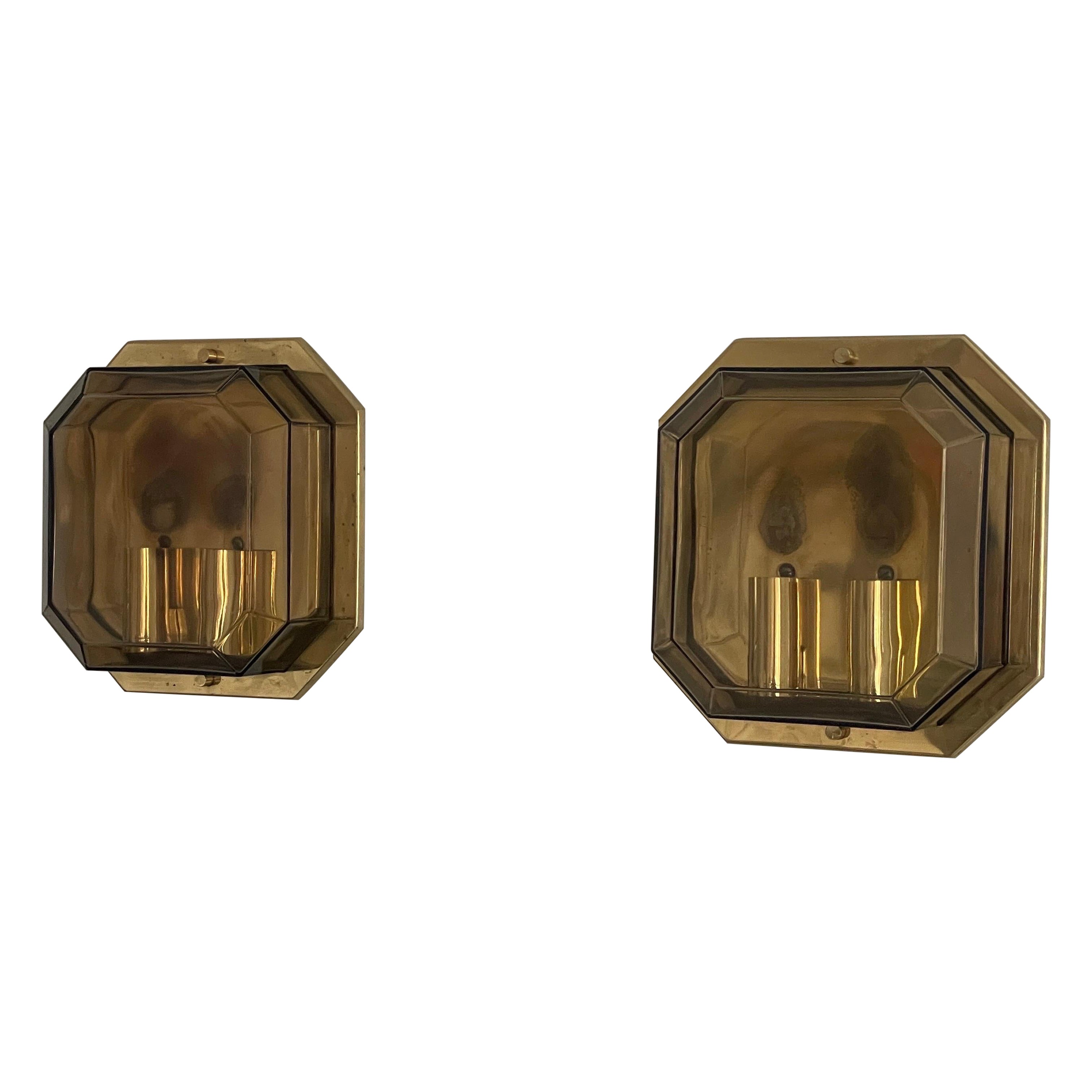 Pair of Smoke Glass & Brass Sconces by Limburg, 1970s, Germany