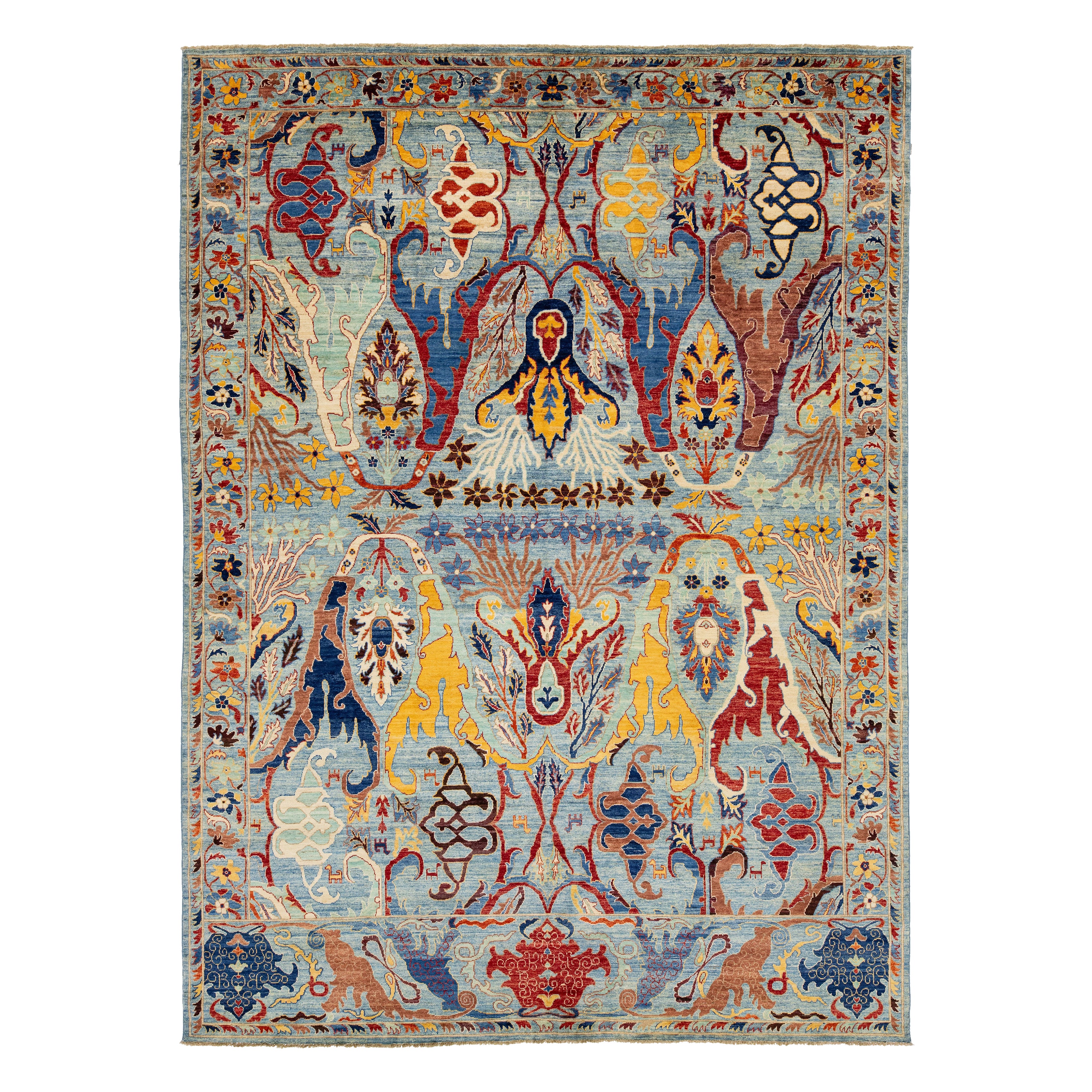 Handmade Modern Bidjar Style Wool Rug in Light Blue with Allover Design