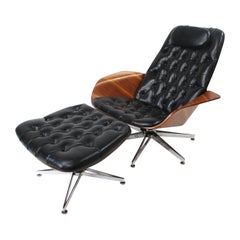 Chaise longue en cuir et noyer George Mulhauser pour Plycraft