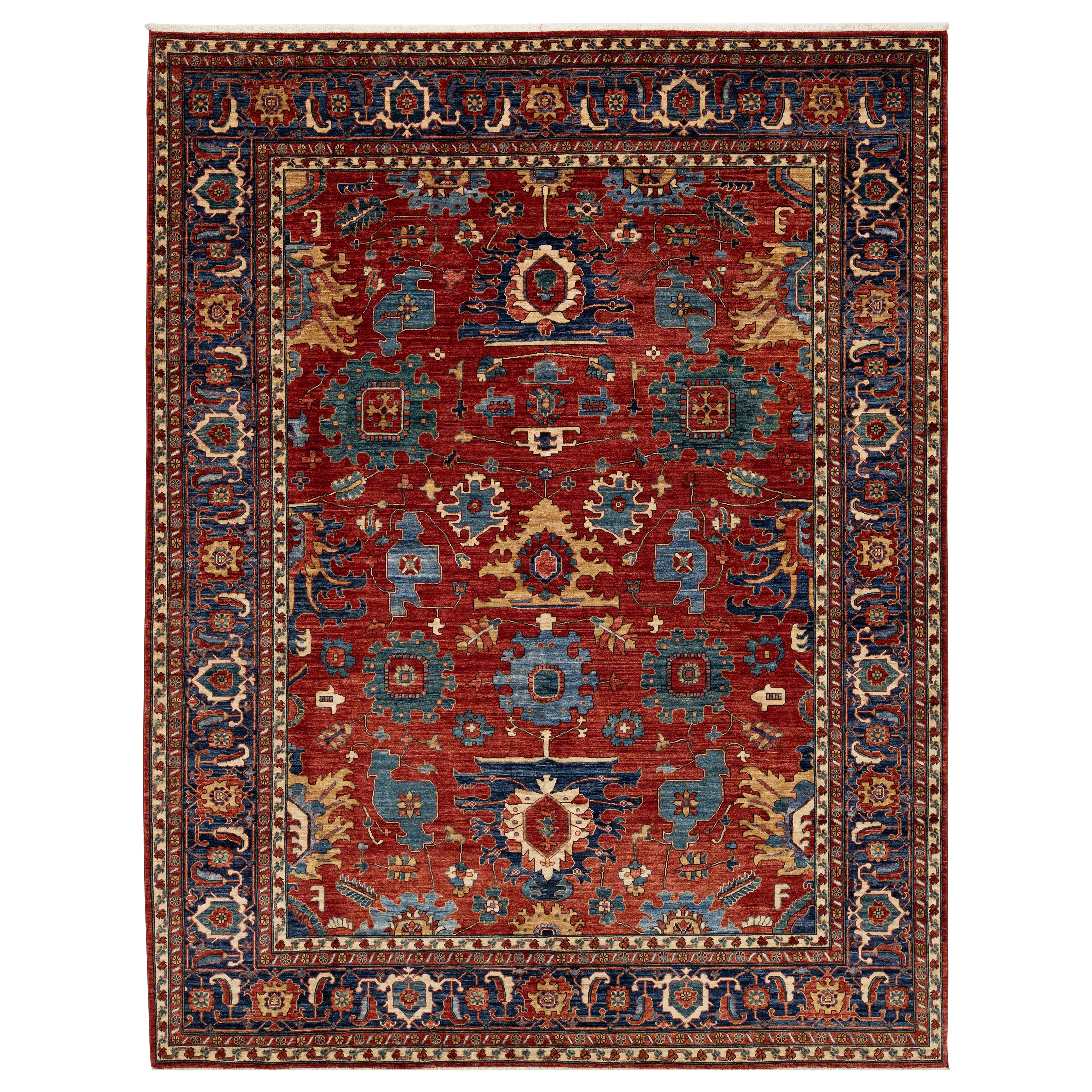 Room Size Contemporary Serapi-Style Red Wool Rug Featuring a Floral Design