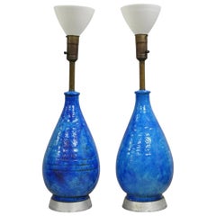 Large Italian Mid Century Modern Blue Lava Glazed Ceramic Table Lamps - a Pair