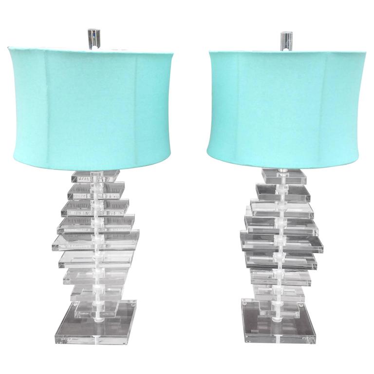 Pair of Architectural Stacked Lucite Table Lamps with Finial and