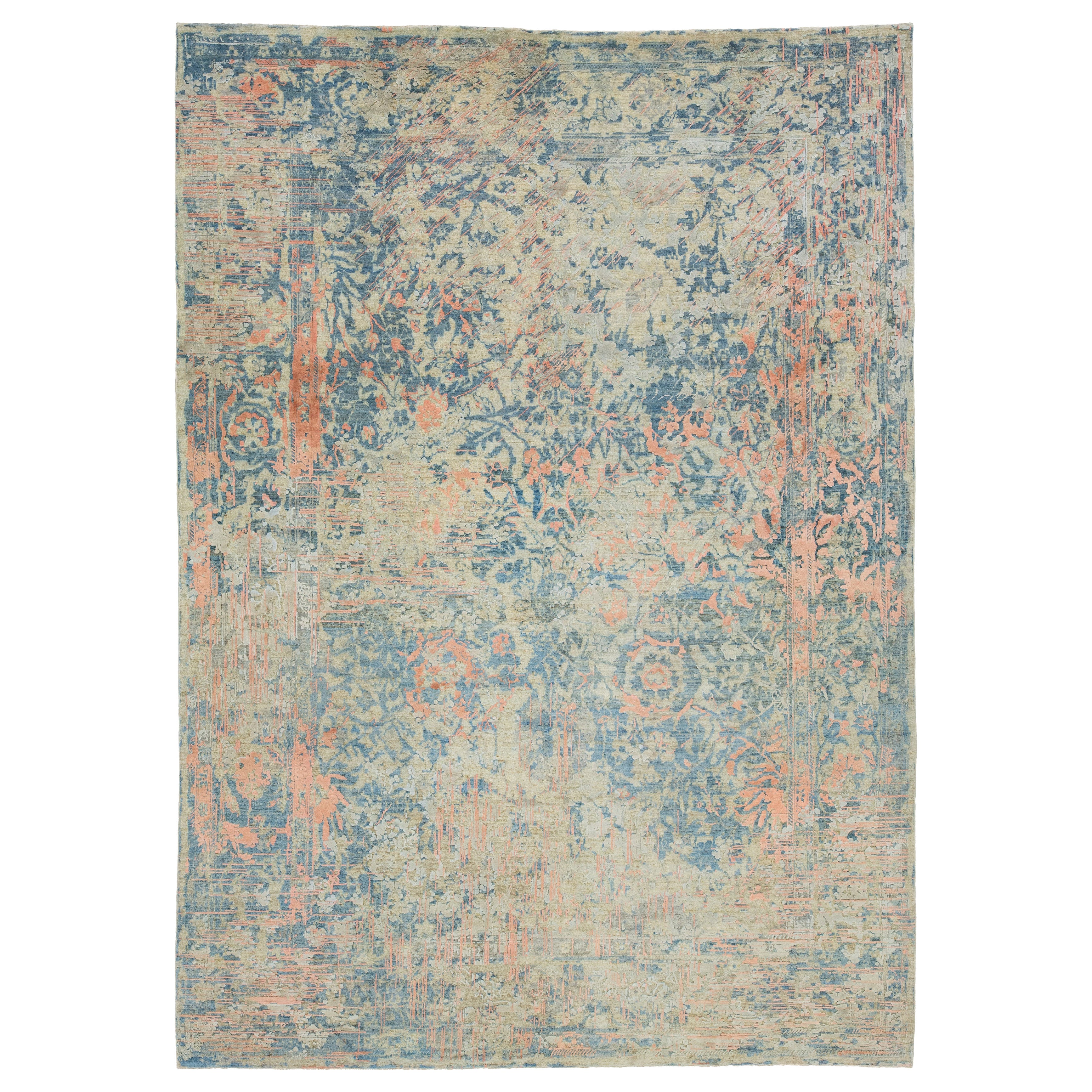 Modern Abstract Floral Designed Wool & Silk Rug In Blue