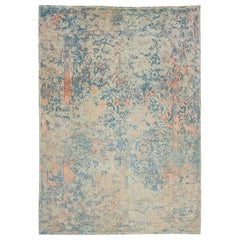 Modern Abstract Floral Designed Wool & Silk Rug In Blue