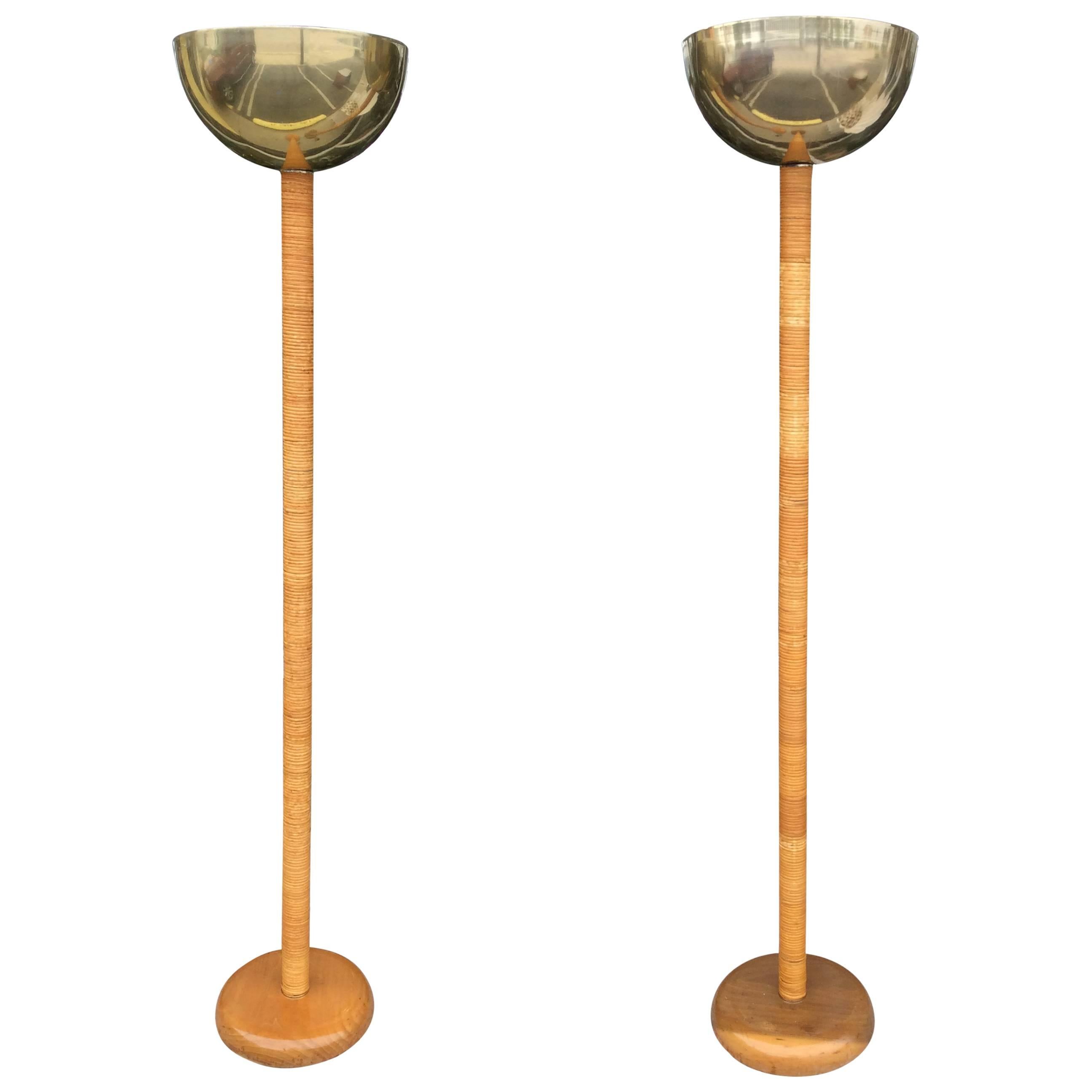 Pair of Vintage Bamboo Rattan and Brass Table Floor Lamps