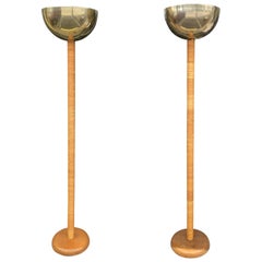 Pair of Vintage Bamboo Rattan and Brass Table Floor Lamps